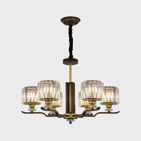 Modern Crystal Block Cylinder Pendant Chandelier - Black & Gold 3/6 Heads