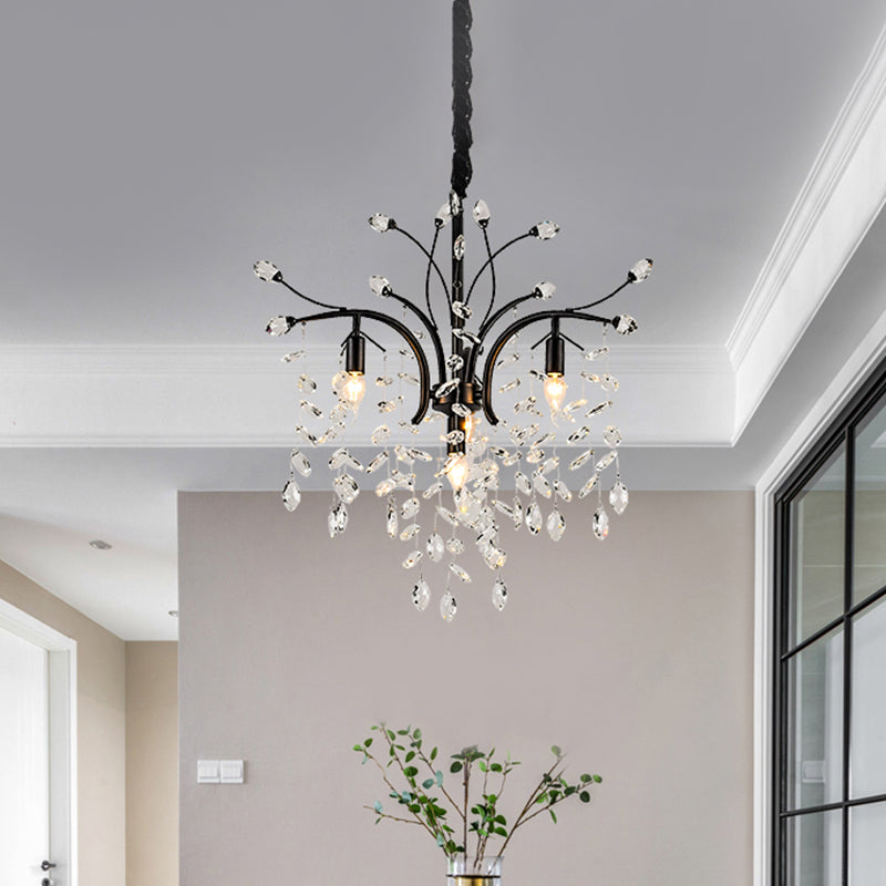Modern Black Crystal Pendant Light Kit - Beveled Branch Design 4 Bulbs Elegant Candle Chandelier