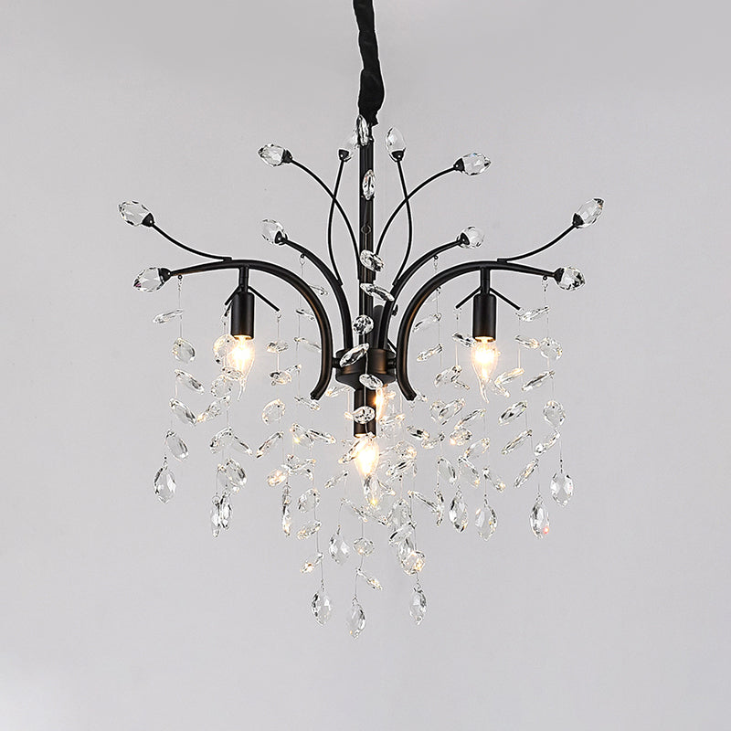 Modern Black Crystal Pendant Light Kit - Beveled Branch Design 4 Bulbs Elegant Candle Chandelier
