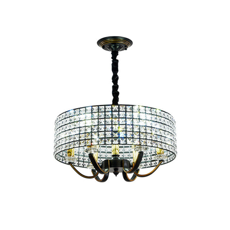 Minimalist Crystal Drum Chandelier Pendant Light Elegant 6-Light Dining Room Hanging Lamp Black