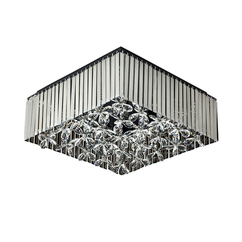 Smoke Gray Crystal Flush Mount With Flower Droplet - 7 Head Modern Light Fixture For Bedrooms