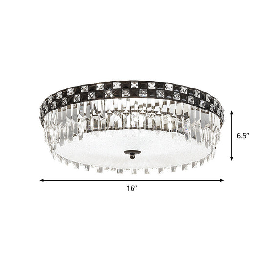Modern Black Round Flush Mount Ceiling Light With 5 Clear Faceted Crystal Bulbs