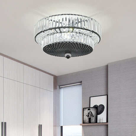 Modern Crystal Block Drum Flushmount Lamp With 4 Lights In Black