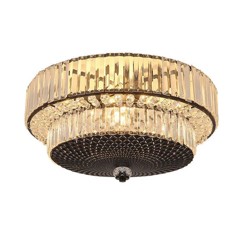 Modern Crystal Block Drum Flushmount Lamp With 4 Lights In Black