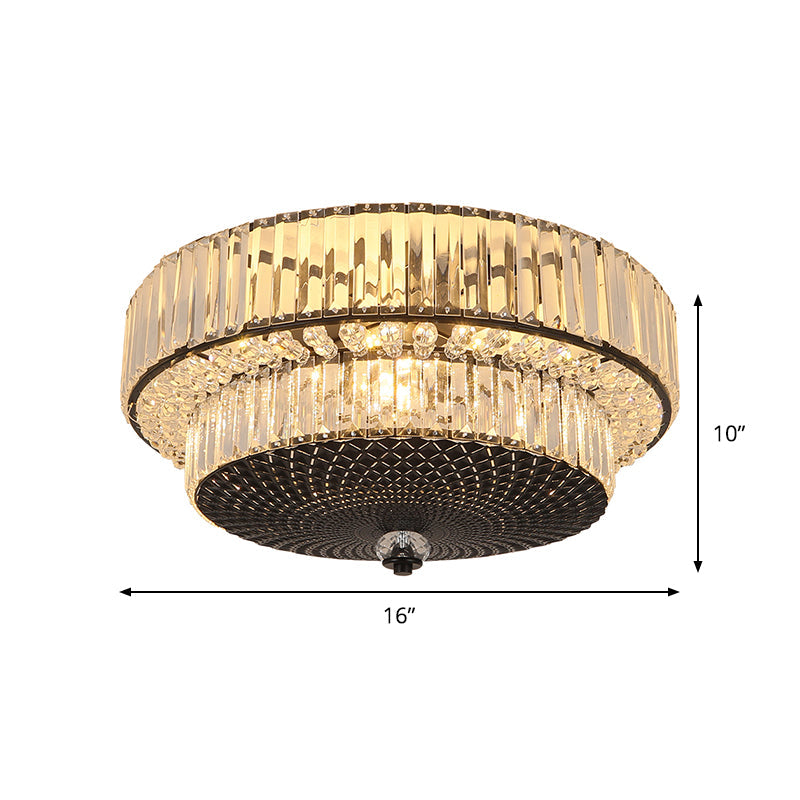 Modern Crystal Block Drum Flushmount Lamp With 4 Lights In Black