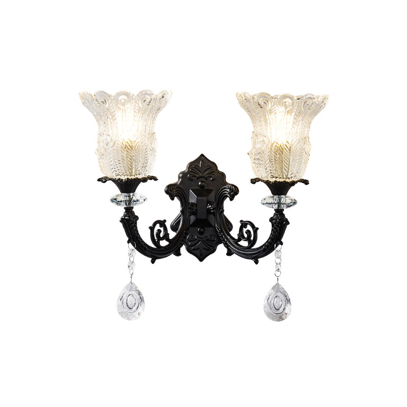 Black Flower Wall Lamp With Clear Crystal Glass Shade & Minimalist Design