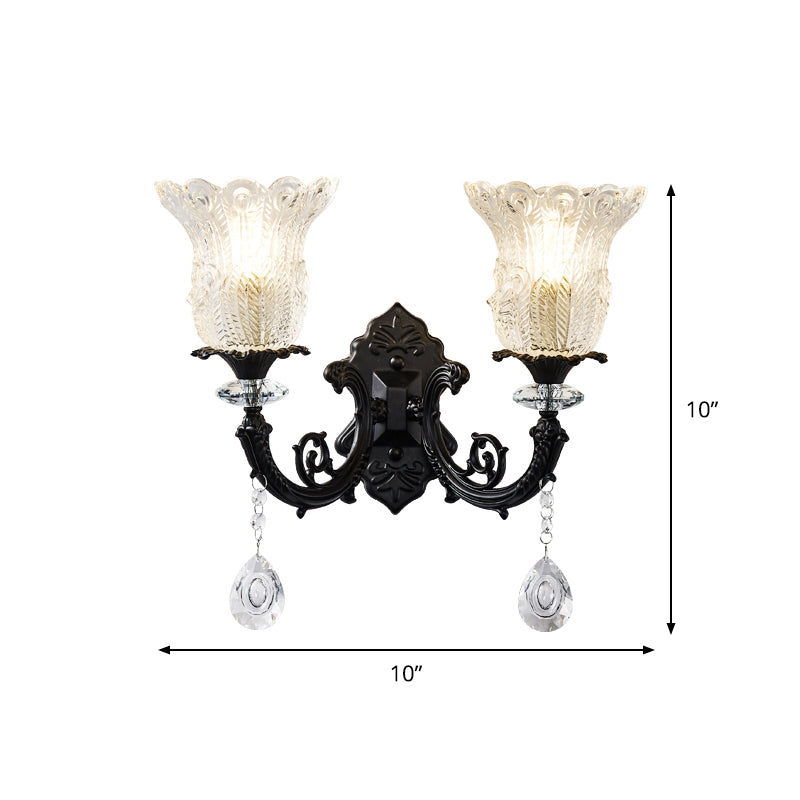Black Flower Wall Lamp With Clear Crystal Glass Shade & Minimalist Design