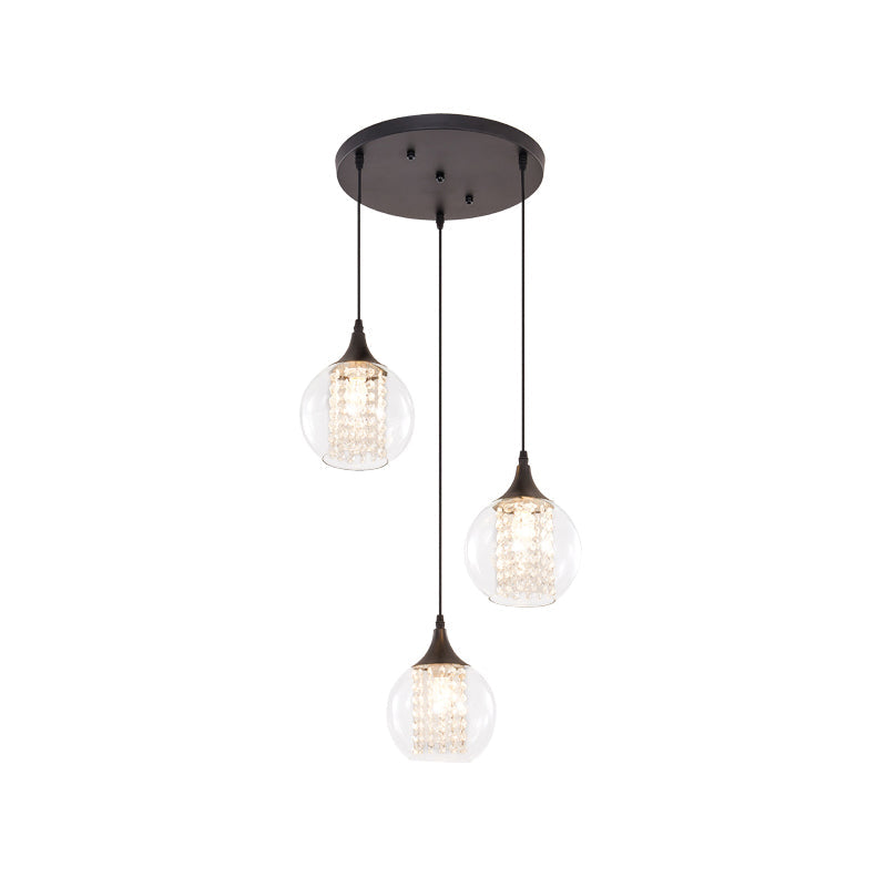 Modern Clear Glass Globe Multilight Ceiling Pendant With 3 Bulbs In Black For Dining Room