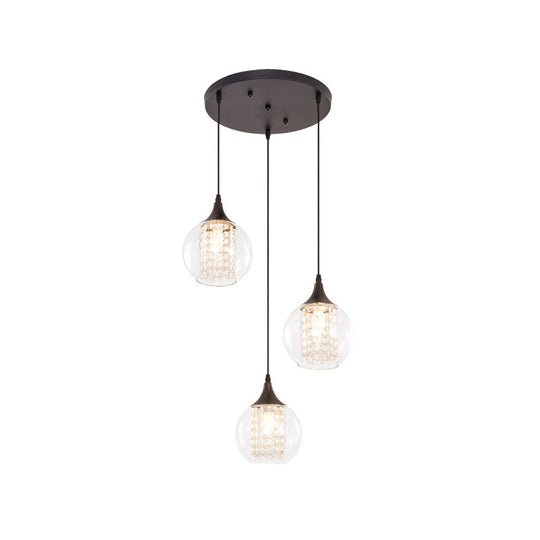 Modern Clear Glass Globe Multilight Ceiling Pendant With 3 Bulbs In Black For Dining Room