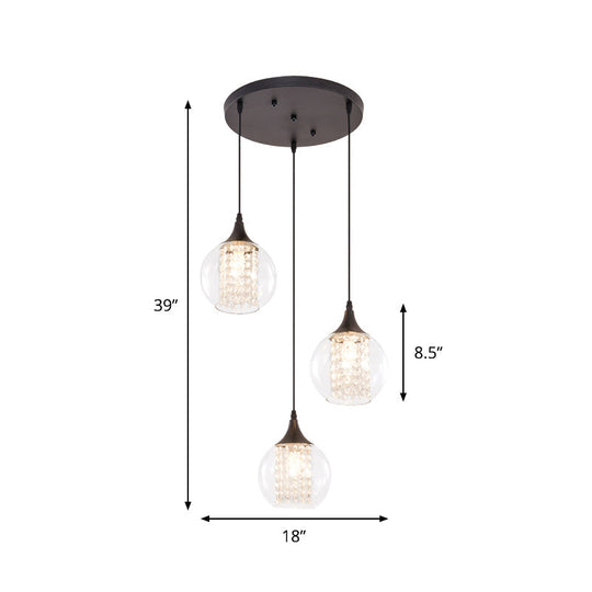 Modern Clear Glass Globe Multilight Ceiling Pendant With 3 Bulbs In Black For Dining Room