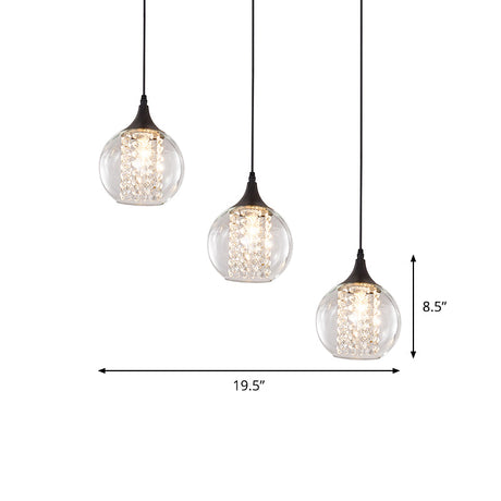 Modern Clear Glass Globe Multilight Ceiling Pendant With 3 Bulbs In Black For Dining Room