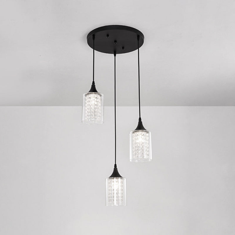 Minimalist Black Cylinder Pendant Light With 3 Clear Glass Shades And Linear/Round Canopy