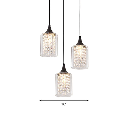 Minimalist Black Cylinder Pendant Light With 3 Clear Glass Shades And Linear/Round Canopy