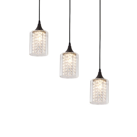 Minimalist Black Pendulum Lamp With 3-Light Clear Glass Cylinder And Linear/Round Canopy
