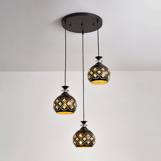 Modernist Metallic 3-Head Black Pendant Light For Dining Room - Globe/Oval/Waterdrop Cluster Design