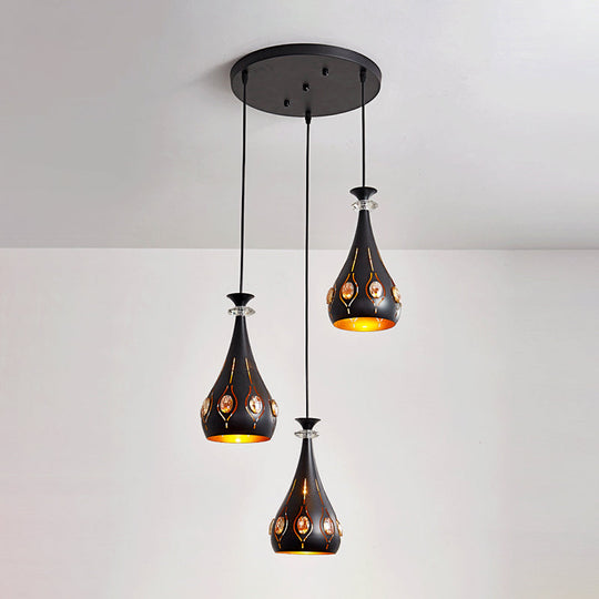 Modernist Metallic 3-Head Black Pendant Light For Dining Room - Globe/Oval/Waterdrop Cluster Design