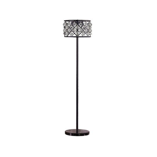 Modern Black Drum Light With Grid Design - Crystal Drip Floor Lamp 3 Lights