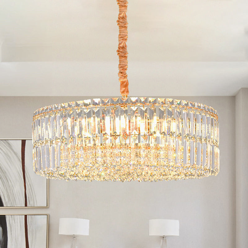 Minimalist Drum Shaped Crystal Chandelier Pendant With Layered Clear Crystals & 6 Bulbs