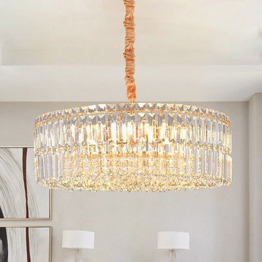 Minimalist Drum Shaped Crystal Chandelier Pendant With Layered Clear Crystals & 6 Bulbs