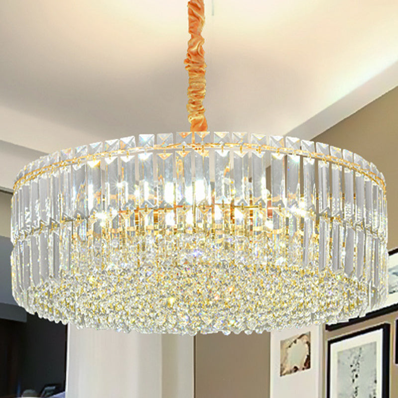 Minimalist Drum Shaped Crystal Chandelier Pendant With Layered Clear Crystals & 6 Bulbs