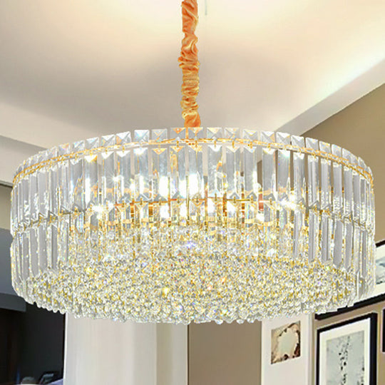 Minimalist Drum Shaped Crystal Chandelier Pendant With Layered Clear Crystals & 6 Bulbs