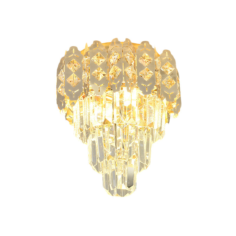 Modern Gold Crystal Prism Semi - Mount Ceiling Fixture With Layered Tapered Design