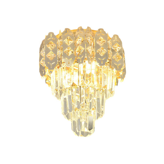 Modern Gold Crystal Prism Semi-Mount Ceiling Fixture With Layered Tapered Design