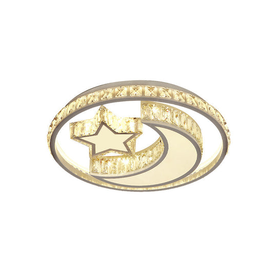 Modern Crystal Moon And Star Led Ceiling Flush Light For Bedrooms – White Mounted Lamp