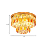 2-Tier Tan Crystal Droplets Ceiling Lamp - Traditional 6 Lights Flush Mount Fixture In Gold