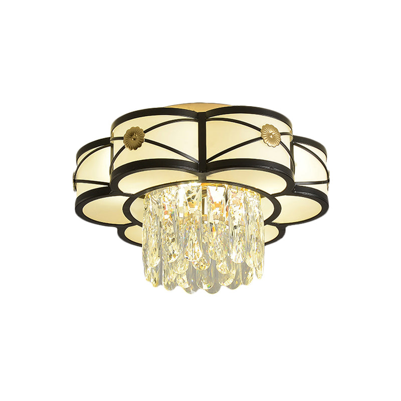Modern Flower - Shaped Black Iron Flushmount Ceiling Lamp With Crystal Rod Drop - 4 - Head Light