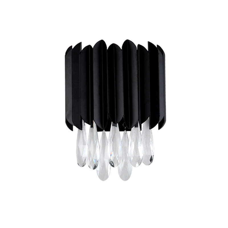 Mid Century Metal Wall Sconce With Crystal Droplets In Black - 2-Light Flush Mount