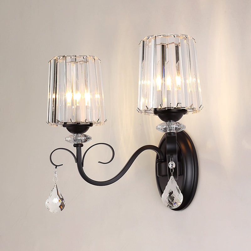 Clear Prismatic Crystal Sconce - Modern Black Cylinder Wall Mount Lamp For Living Room