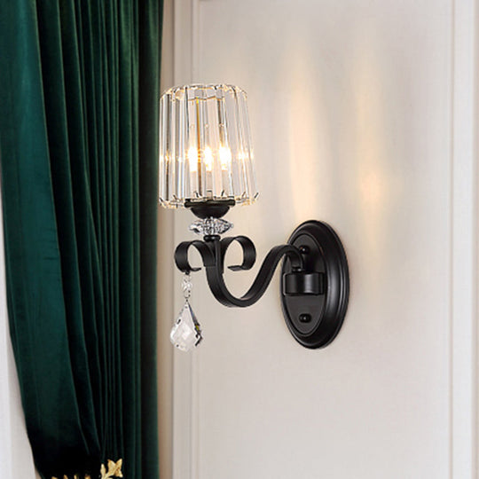 Clear Prismatic Crystal Sconce - Modern Black Cylinder Wall Mount Lamp For Living Room 1 /