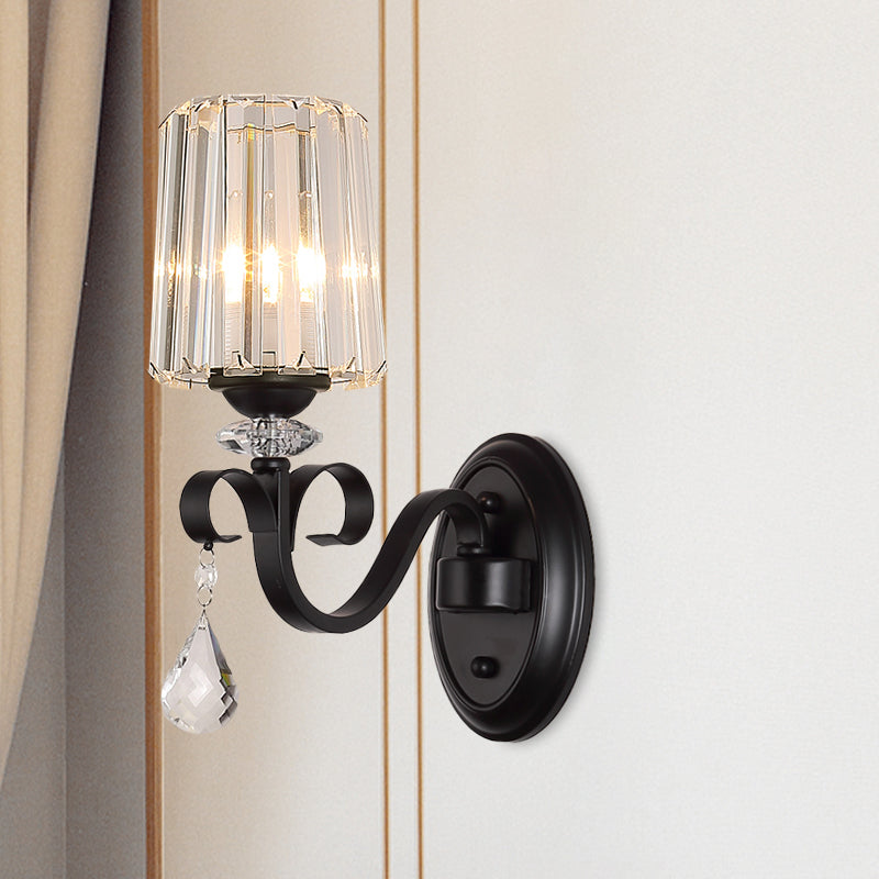 Clear Prismatic Crystal Sconce - Modern Black Cylinder Wall Mount Lamp For Living Room