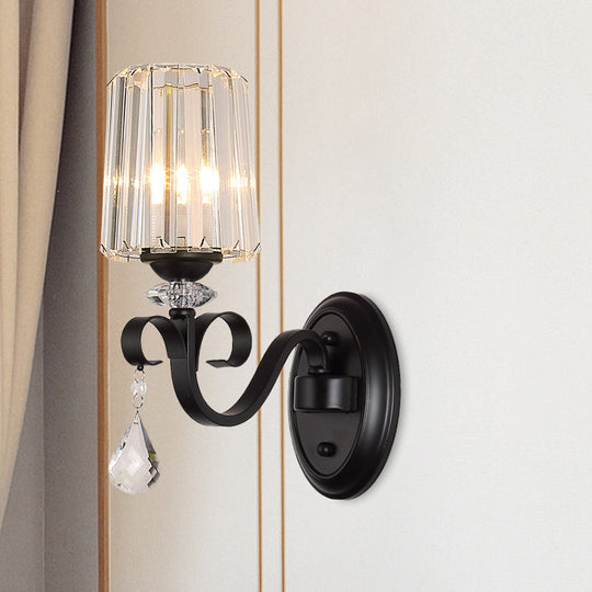 Clear Prismatic Crystal Sconce - Modern Black Cylinder Wall Mount Lamp For Living Room