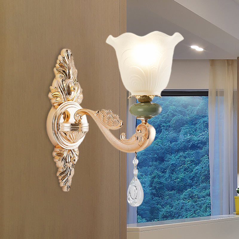 Opal Frosted Glass Ruffle Shade Wall Sconce Light In Gold Traditional Half-Bulb Lighting 1 /