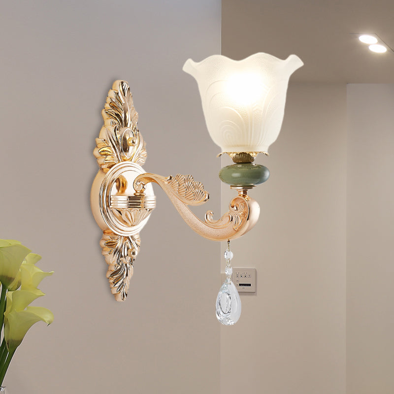 Opal Frosted Glass Ruffle Shade Wall Sconce Light In Gold Traditional Half-Bulb Lighting