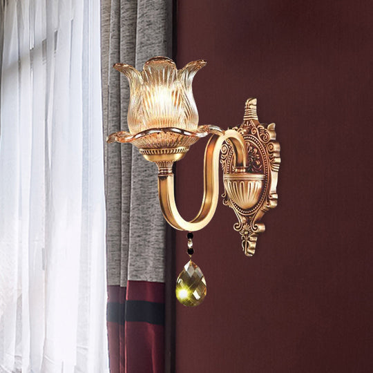 Hand Blown Ribbed Glass Wall Lamp - Antique Gold Flower Bedroom Sconce