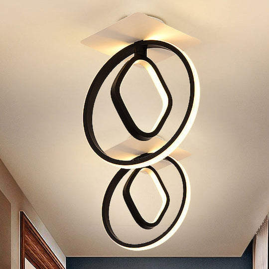 Modern Acrylic White/Black Led Ceiling Lighting For Bedroom - Ring And Rhombus Flush Mount In