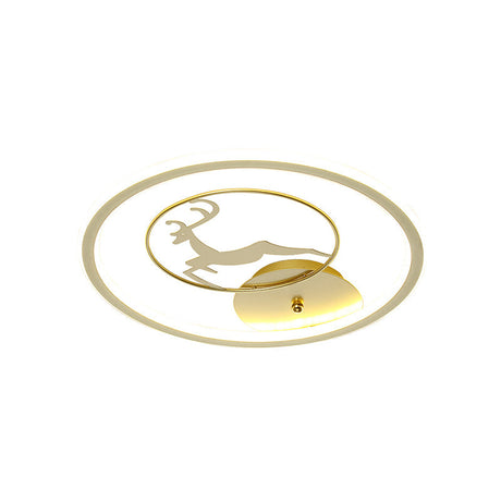 Contemporary Led Metal Ceiling Mount Fixture With Gold Round Flush Light And Elk Pattern Sizes: