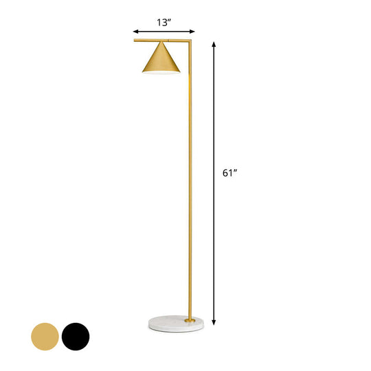 Minimalist Conical Shade Floor Light With Right Angle Arm - Black/Gold Finish Stand-Up Lamp