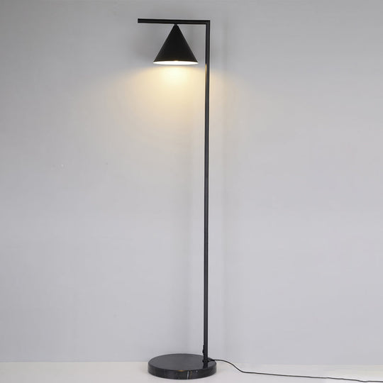Minimalist Conical Shade Floor Light With Right Angle Arm - Black/Gold Finish Stand-Up Lamp