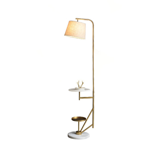 Modern 1-Light Floor Table Lamp: Beige Fabric Shade Gold Curved Arm