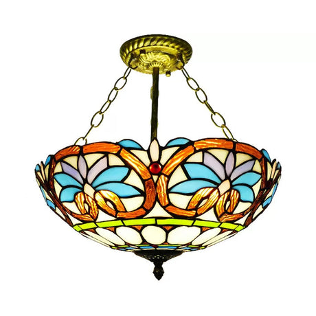 Victorian Design Tiffany Style Ceiling Fixture With 12/16 Wide Bowl Brass / 16