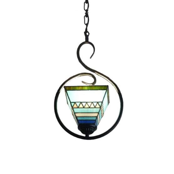 Blue Tiffany Style Stained Glass Pyramid Pendant Light With Stainless Steel Suspension Ring