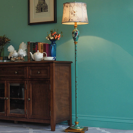 Traditional Wood Floor Lamp: Green Patterned Vase Stand With Bell Fabric Shade