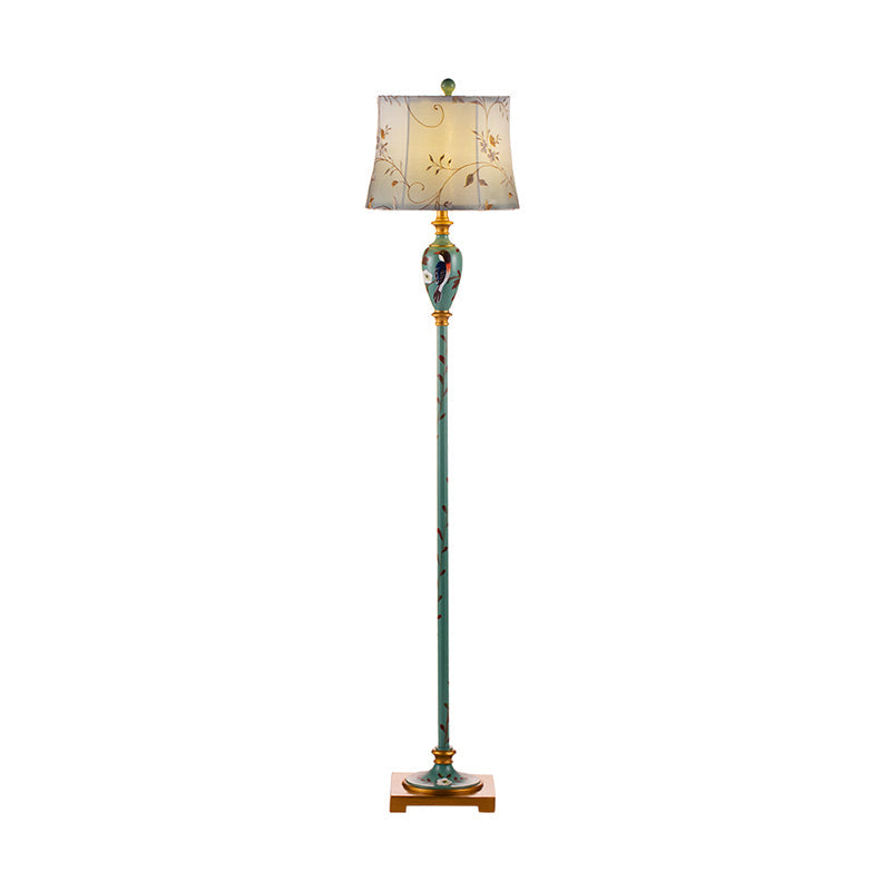Traditional Wood Floor Lamp: Green Patterned Vase Stand With Bell Fabric Shade