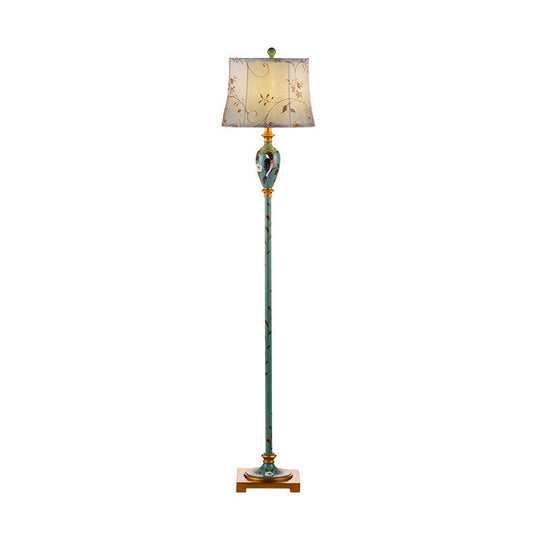 Traditional Wood Floor Lamp: Green Patterned Vase Stand With Bell Fabric Shade