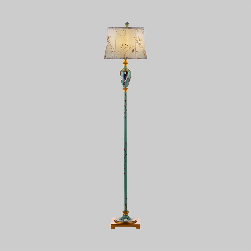 Traditional Wood Floor Lamp: Green Patterned Vase Stand With Bell Fabric Shade