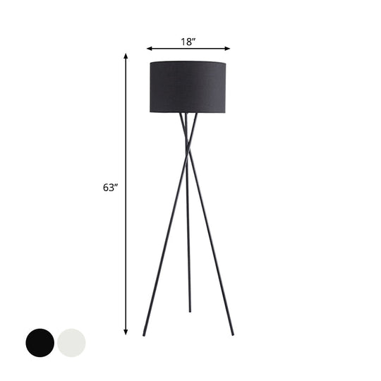 Simple Fabric Drum Shade Floor Reading Lamp With Tripod Stand - White/Black 1 Light